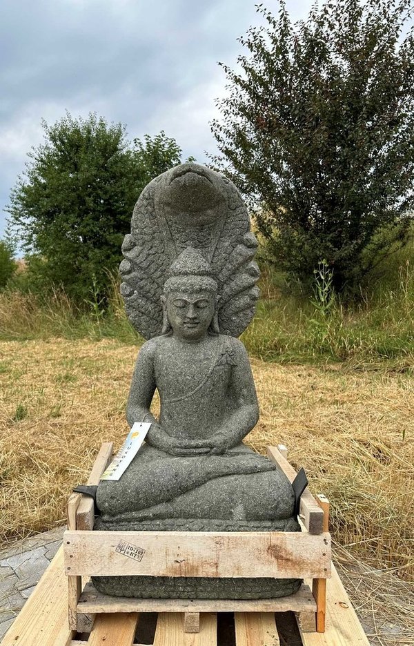 Meditierende Buddha Steinstatue im Schutz der Cobra - 100 cm